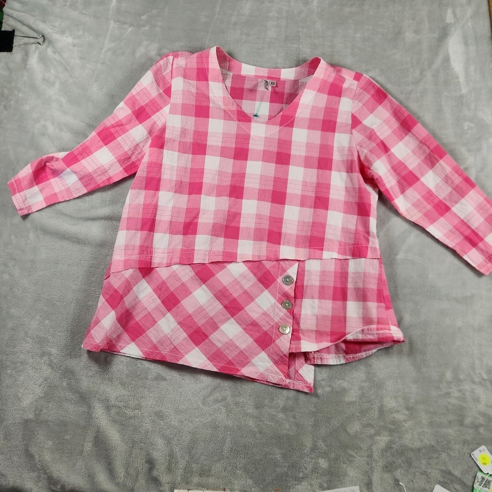LuLu B XS Women's Pink‎ Plaid Tunic 3/4 Sleeve V Neck Buttons Coastal Grandma